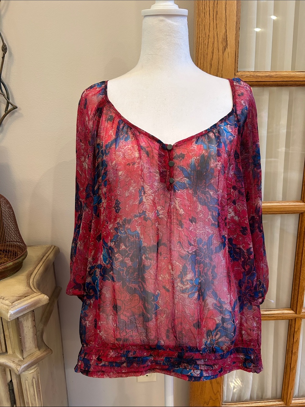 Nine West Red and Blue Sheer Floral Blouse